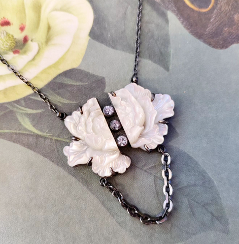 Mother of Pearl and Sapphire Peony Necklace